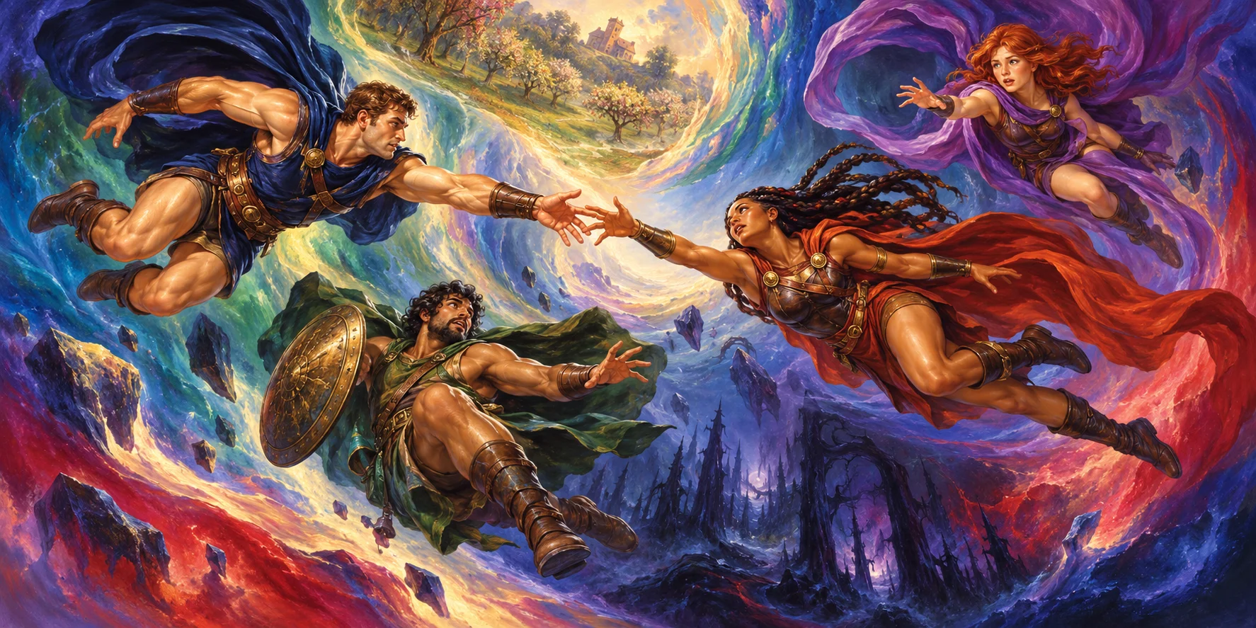 The friends fall between dimensions, dressed in unfamiliar medieval armor.