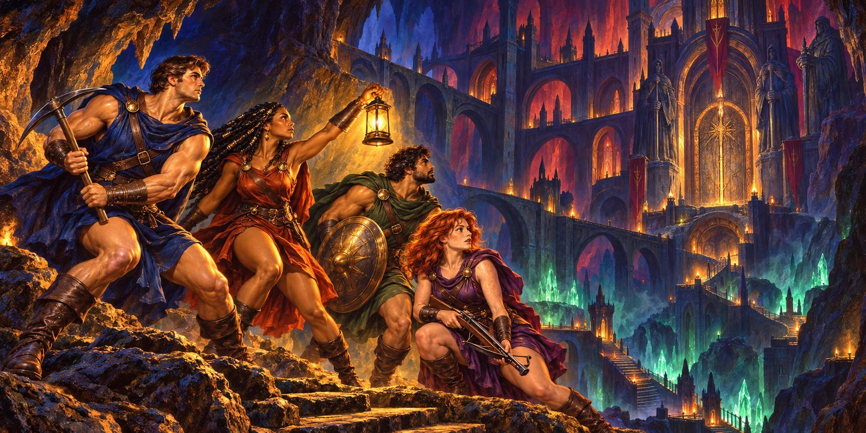 Four delvers stand inside an immense gothic castle concealed within the cave.
